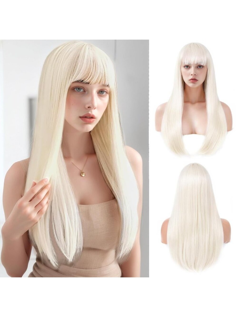 Women's Platinum Blonde 24 Inch Heat Resistant Synthetic Long Straight Bangs Wig